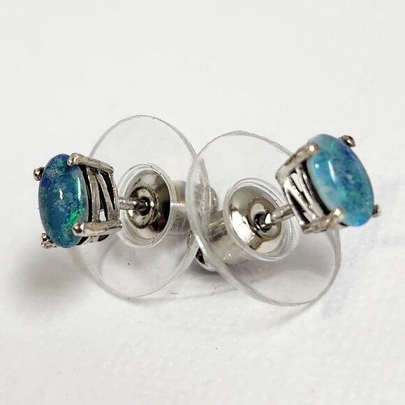 925 Sterling Silver Genuine Blue Fire Opal Earrings - Natural and Genuine Opal. - Picture 5 of 16